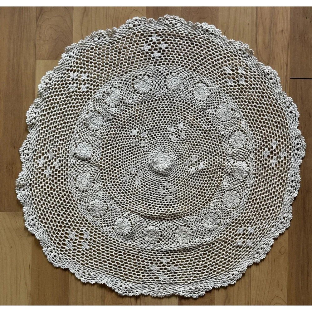 Set of 2 Hand Crocheted Lace Table Toppers Round Cottagecore Farmhouse Decor